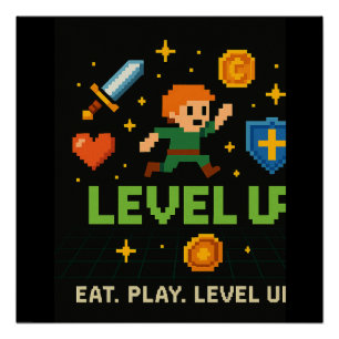 Affiche de joueur « Level Up » – Art de jeu pixel 