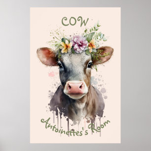 Affiche de la chambre de bébé vache aquarelle mign