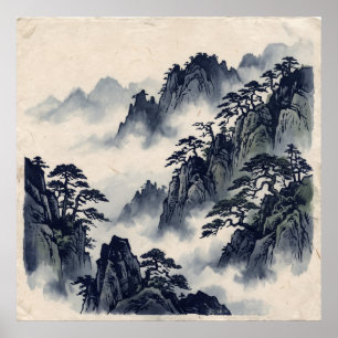 Affiche de la forêt de la montagne à l'encre bleue