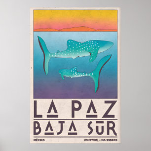 Affiche de La Paz Mexique, Requins Baleines, Bleu 