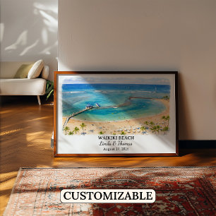 Affiche de la plage de Waikiki Hawaii, Aquarelle,