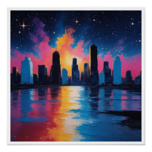 Affiche de la skyline urbaine futuriste au coucher