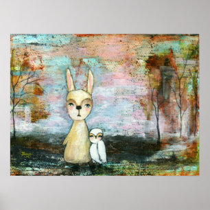 Affiche de lapin et de hibou de bois abstrait