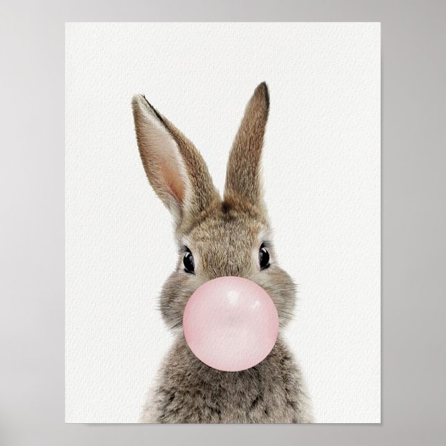 Affiche de lapin soufflant du chewing-gum rose (Devant)