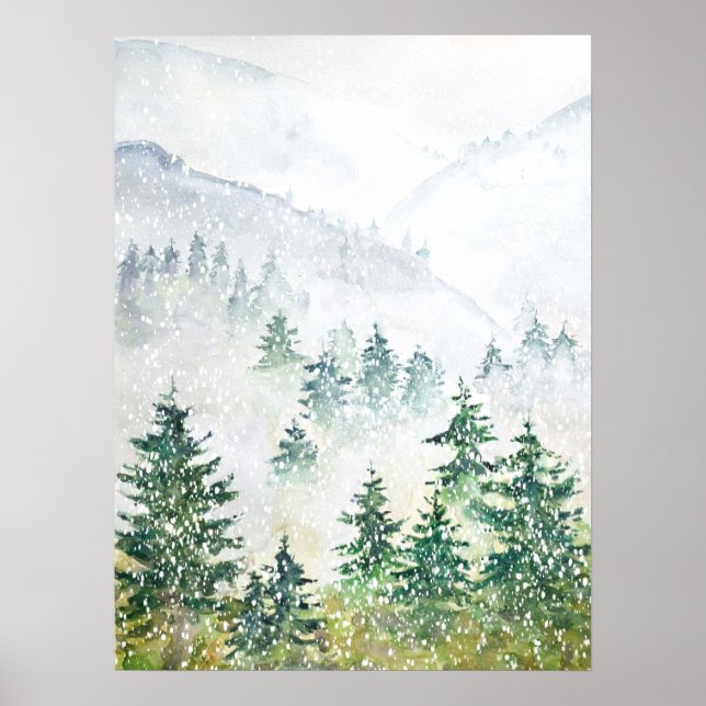 affiche de l'aquarelle de la forêt de pins (Devant)
