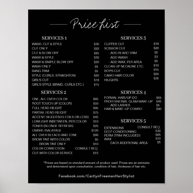 Affiche de liste de prix de salon, liste de prix m (Devant)
