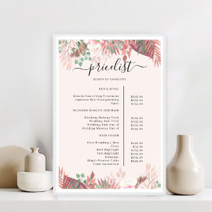 Affiche de liste de prix du salon de verdure Boho