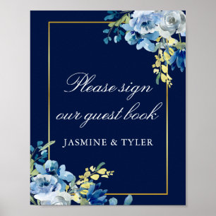 Affiche de livre d'or de mariage à fleurs bleu mar