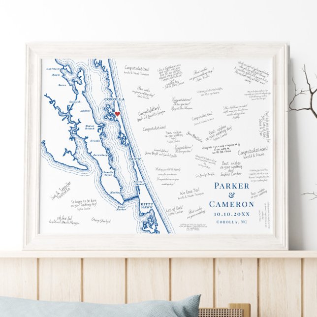 Affiche de livre d'or de mariage élégant à Corolla (Corolla NC Map Elegant Wedding Guest Book Poster with Navy Blue OBX Map by Coastal Map Designs)