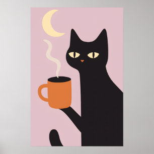 Affiche de lune de café de chat noir drôle