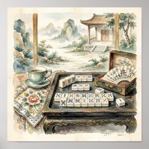Affiche de Mahjong Chic Chinoiserie Aquarelle