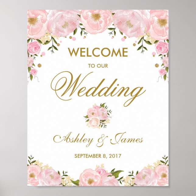 Affiche de mariage chic rose blush floral Panneau  (Devant)
