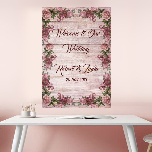 Affiche de mariage floral de rose de campagne bois (Rustic Woodland Rose Floral Country Wedding Poster)