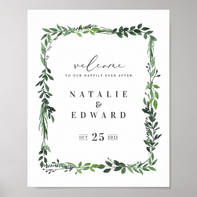 affiche de mariage géométrique à aquarelle feuillu (Devant)