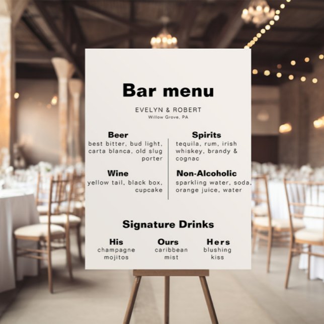 Affiche de menu de bar de mariage élégant minimali (Créateur téléchargé)