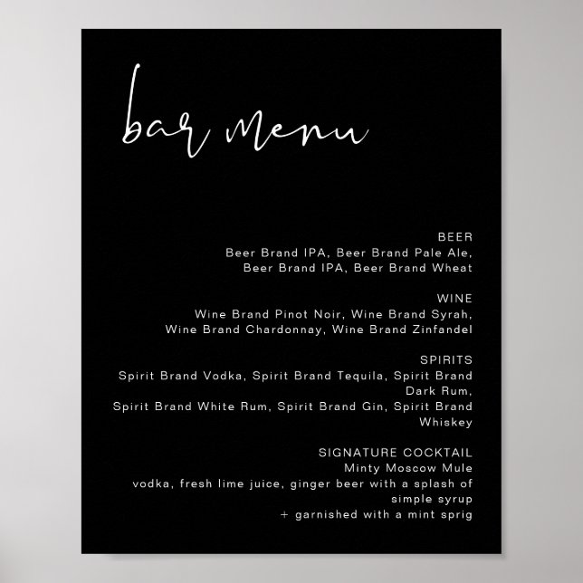 Affiche de menu de bar de mariage minimaliste noir (Devant)