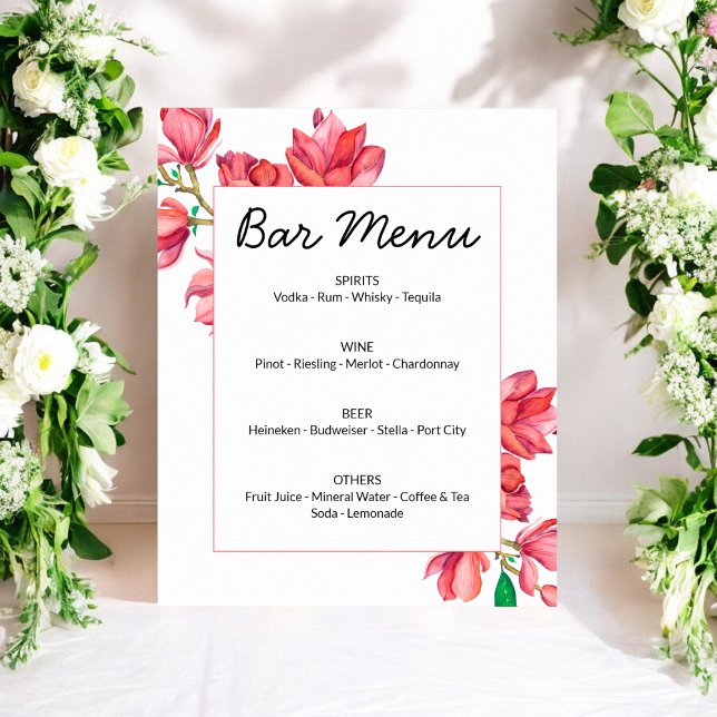 Affiche de menu de bar rose et blanc à motif flora (Créateur téléchargé)
