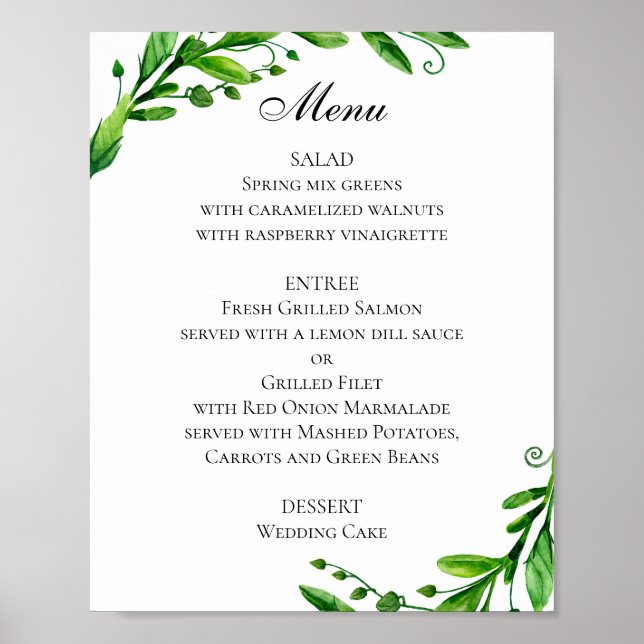 Affiche de menu de mariage vert. Menu de dîner d'é (Devant)