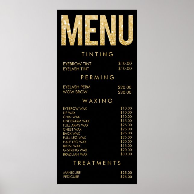 Affiche de menu de salon à paillettes Noir & Or (Devant)
