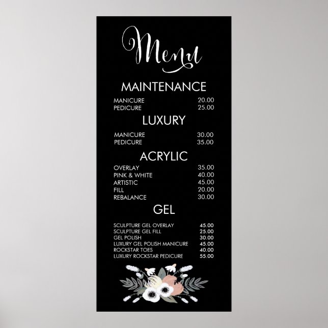 Affiche de menu pour salon de glitter noir et rose (Devant)