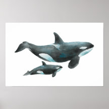 Affiche de mère et bébé orque à l'aquarelle
