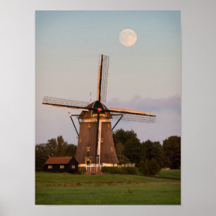 Affiche de moulin à vent sous une pleine lune
