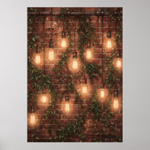 Affiche de mur de briques de lierre avec ampoules 