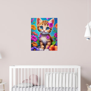 Affiche de mur d'enfant de chaton coloré et de fle