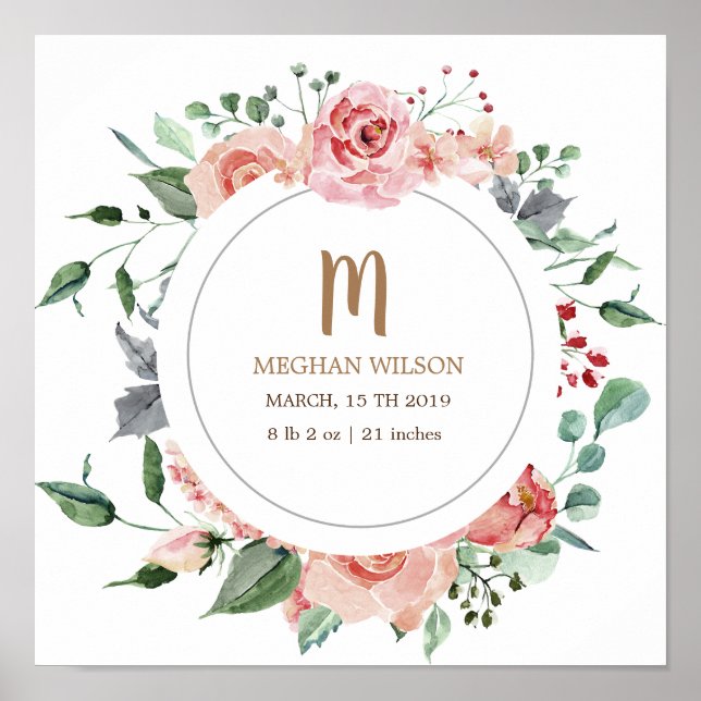 Affiche de naissance bébé à monogramme Midnight Bl (Devant)