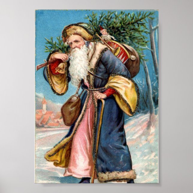 Affiche de Noël Vintage | Père Noël portant un arb (Devant)