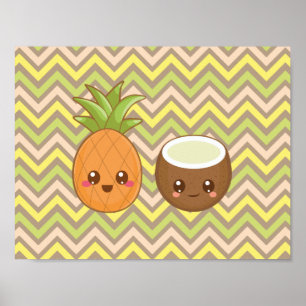 Affiche de noix de coco d'ananas de Kawaii
