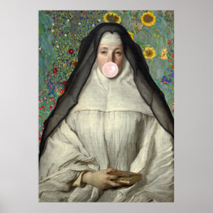 Affiche de nonne soufflant un bubble gum rose