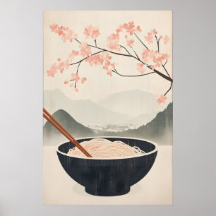 Affiche de nouilles soba japonaises avec cerisier