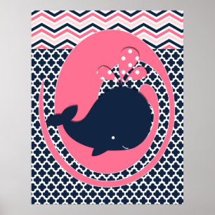 Affiche de nurserie baleine rose et marine