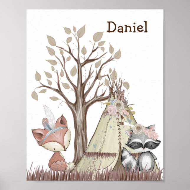 Affiche de nurserie d'animaux de la forêt bohème (Devant)