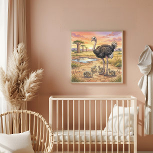 Affiche de nurserie Mama Autruche et ses petits