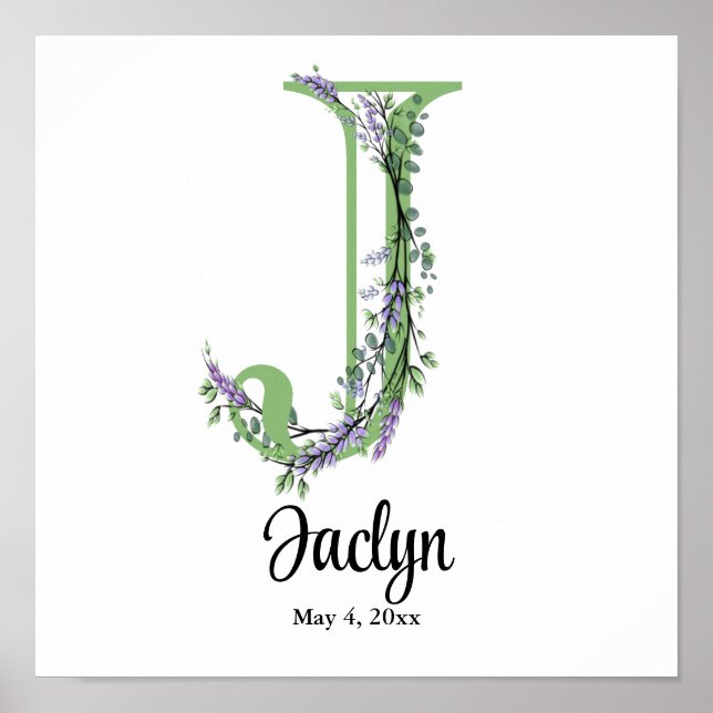 Affiche de nurserie Monogram J Lavande Eucalyptus (Devant)
