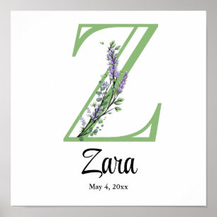 Affiche de nurserie Monogramme Z Lavande Eucalyptu
