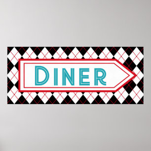 Affiche de panneau de diner turquoise rétro 