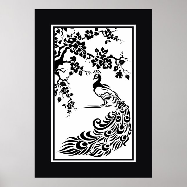 Affiche de paon blanc noir et de fleurs de cerisie (Devant)