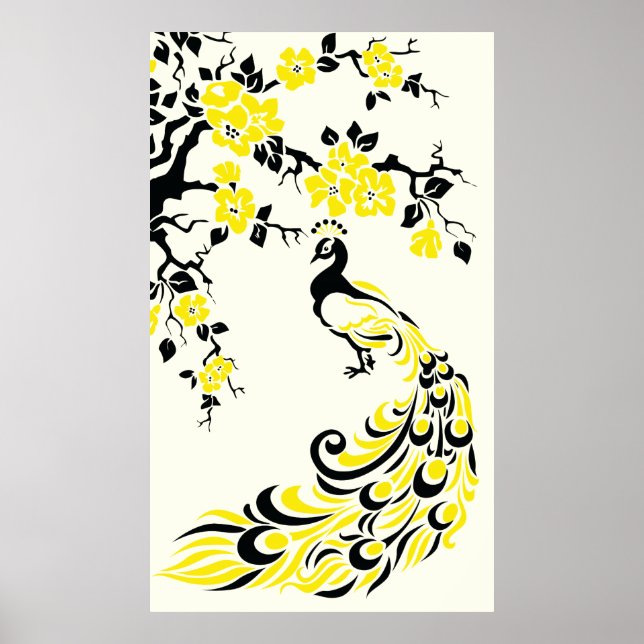 Affiche de paon jaune noir et de fleurs de cerisie (Devant)