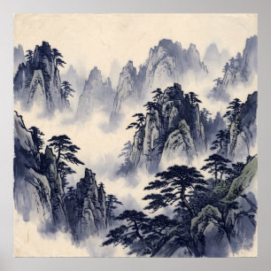 Affiche de paysage de montagne à l'encre bleue