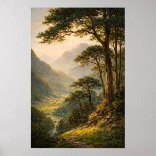 Affiche de paysage de montagne vintage, forêt sere