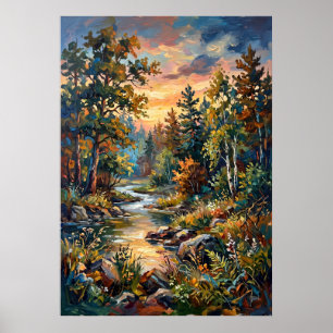 Affiche de paysage de ruisseau de forêt de coucher