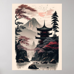 Affiche de paysage de temple japonais – Montagne Z