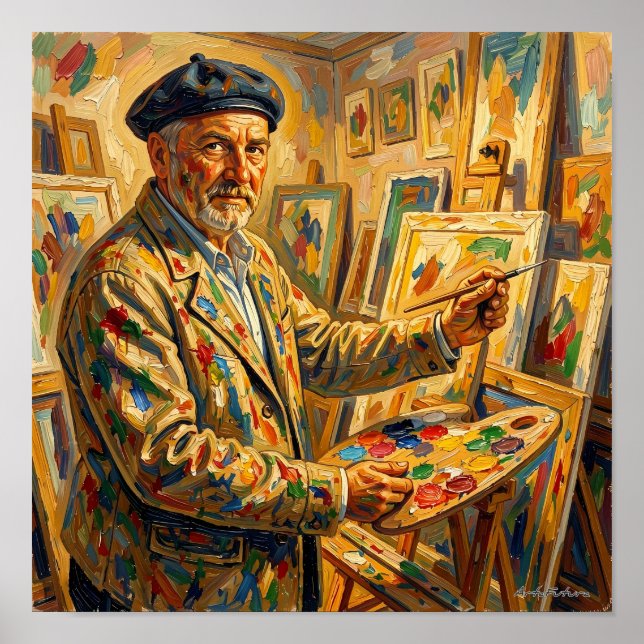 Affiche de peintre solitaire dans un studio doré (Devant)