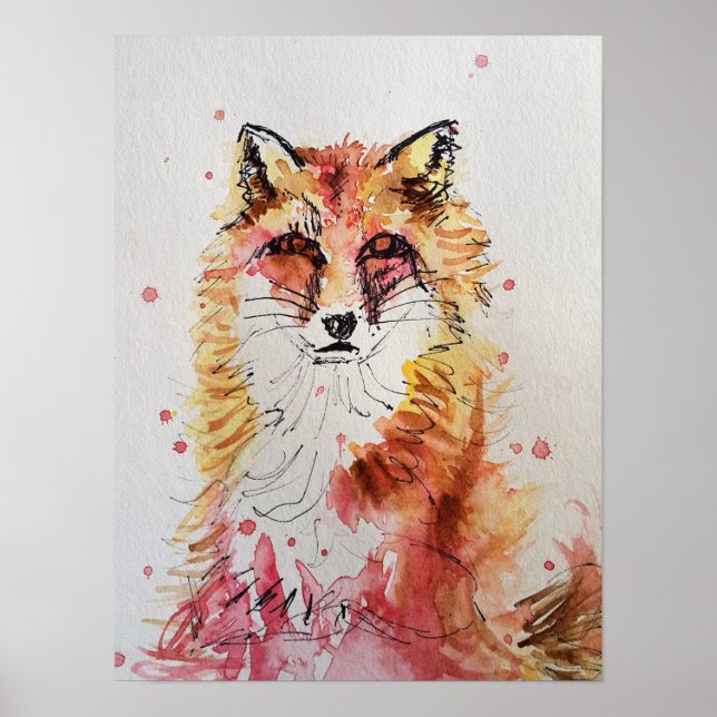 Affiche de peinture aquarelle Renard Rouge Mignon (Devant)