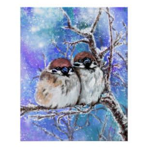 Affiche de peinture de couple de petits moineaux e