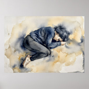 Affiche de personnage endormi bleu aquarelle