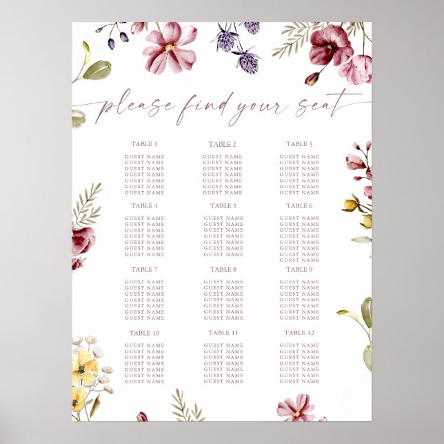 Affiche de plan de table d'anniversaire Fleur sauv (Devant)
